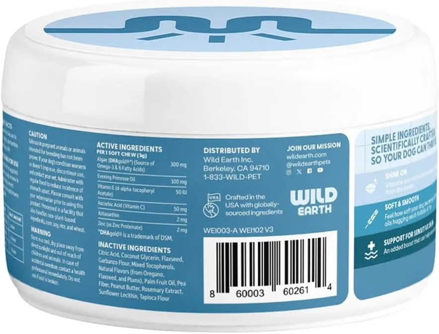 Wild Earth Dog Supplements, Soft Chews for Skin & Coat, Rich in Antioxidants, Omega 3 & 6 Fatty Acids, Allergy & Itch Relief, Supports Normal Shedding, Veterinarian-Developed, Vegan