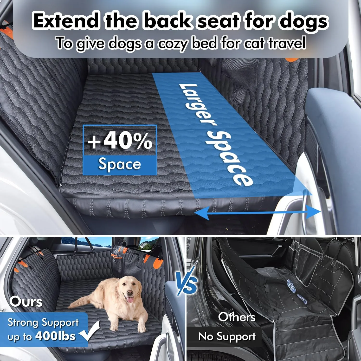 XL 3-in-1 Convertible PU Leather Dog Car Seat Extender & Booster Seat  400lb Capacity, Waterproof, Hard Bottom, Scratch-Proof Hammock for Cars & SUVs