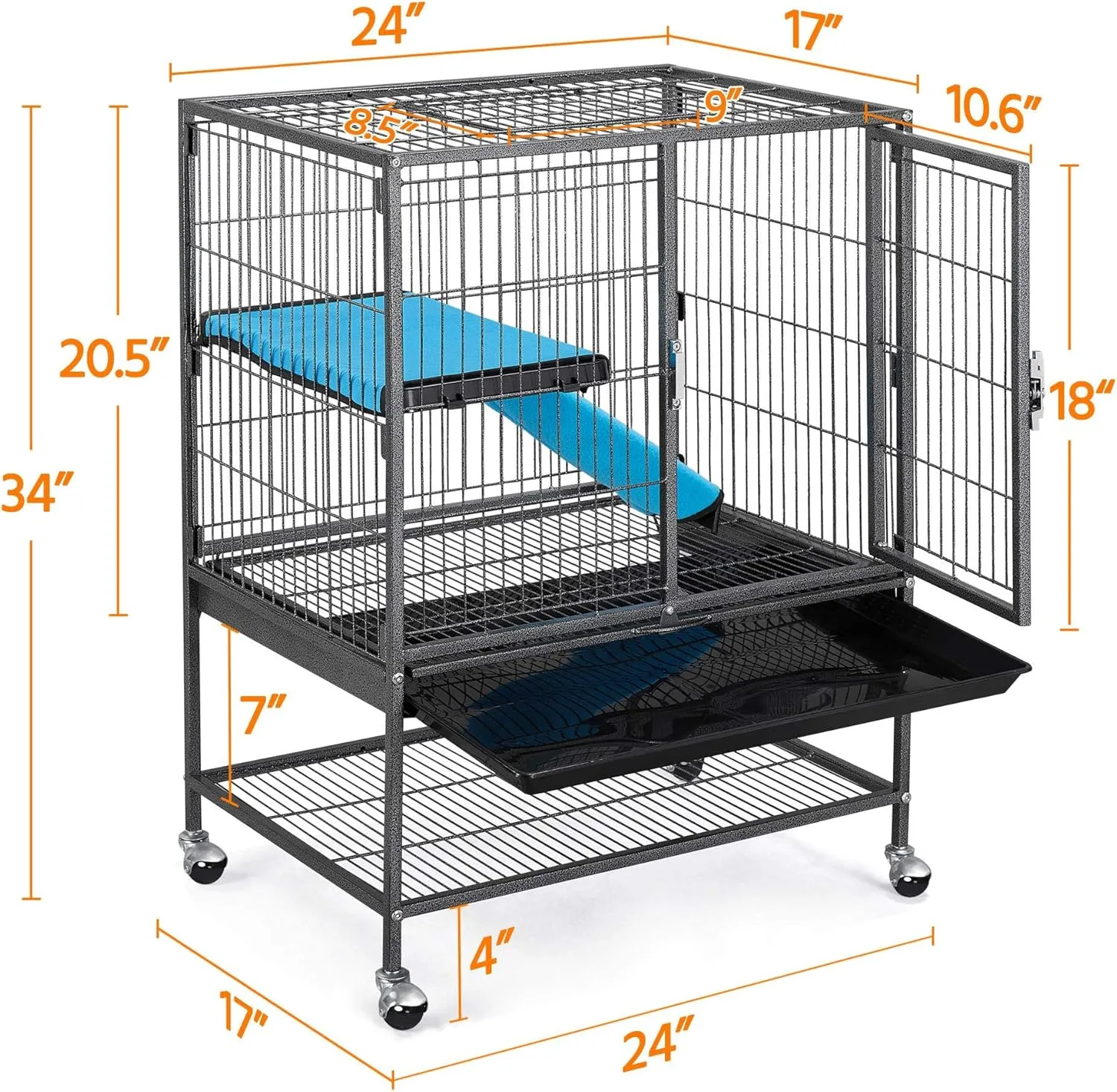 Yaheetech Metal 34'' Ferret Cage Critter Nation Cage Indoor for Adult Rats/Rabbits/Ferrets/Chinchillas 2-Tiers Small Animal Cage w/Removable TrayShelf, Black